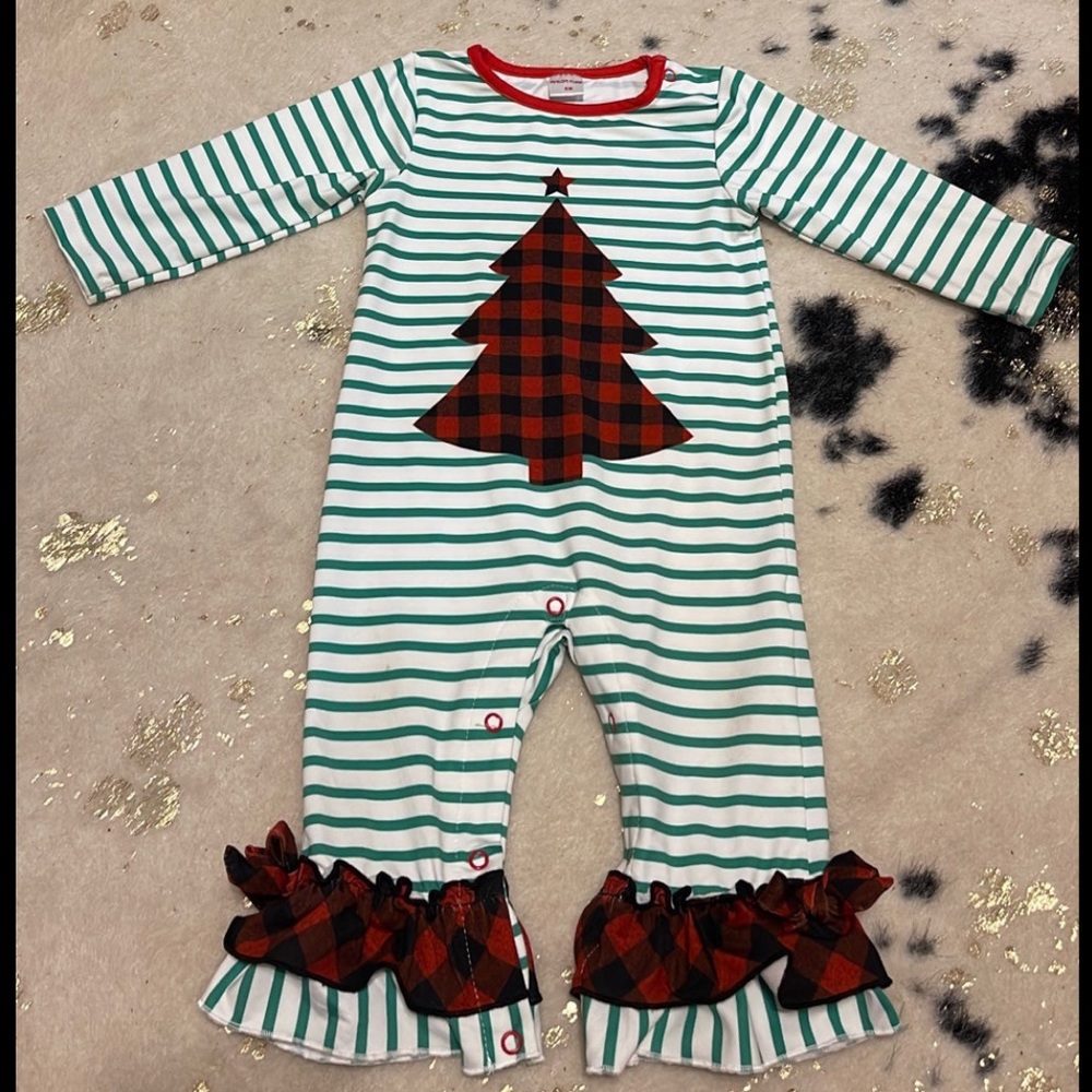 Penelope Plumm Christmas tree romper.